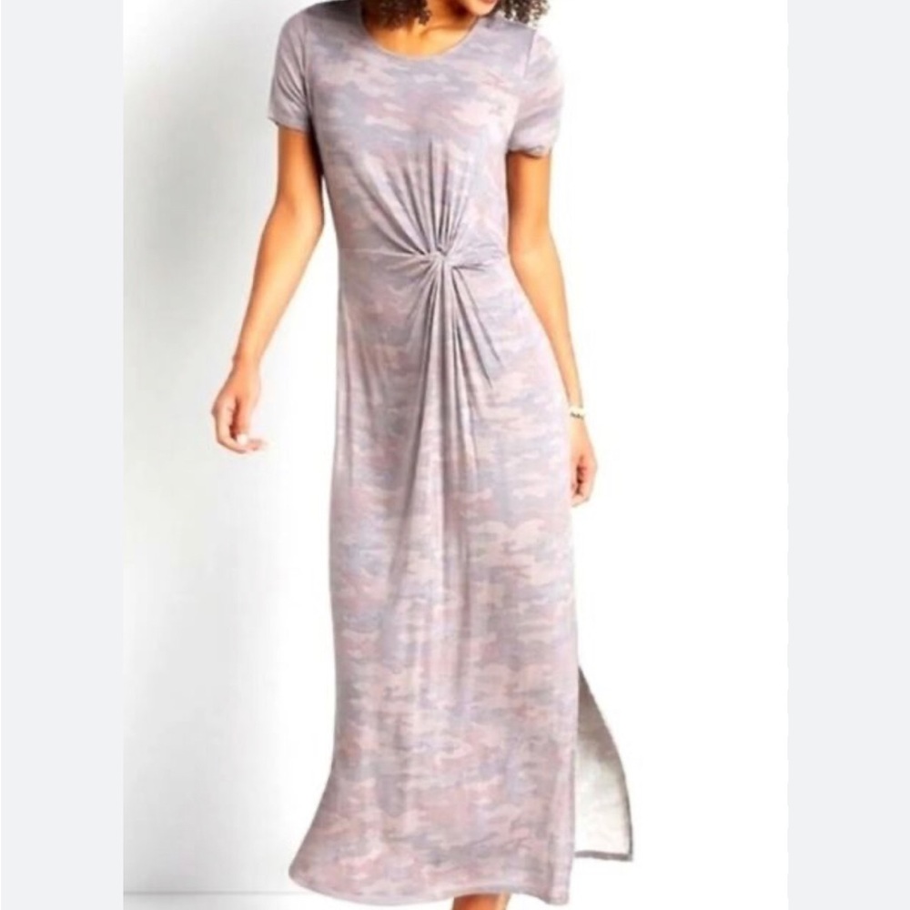 Maurices Twist Knot Front Short Sleeve Slit Maxi Dress Camo Size Large